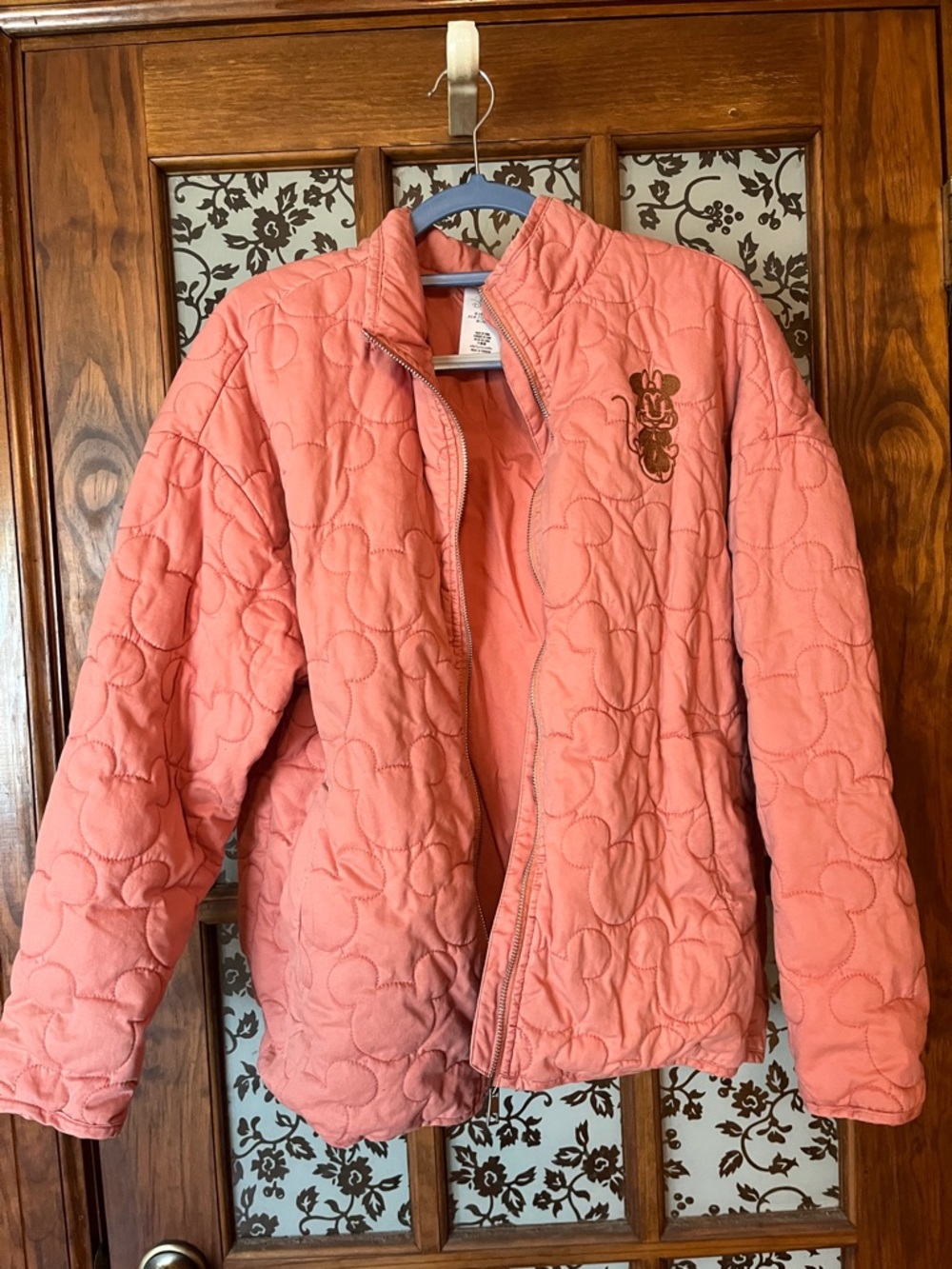 Disney Coral Pink Quilted Puffer Jacket with Embroidered Patch, super warm/comfy